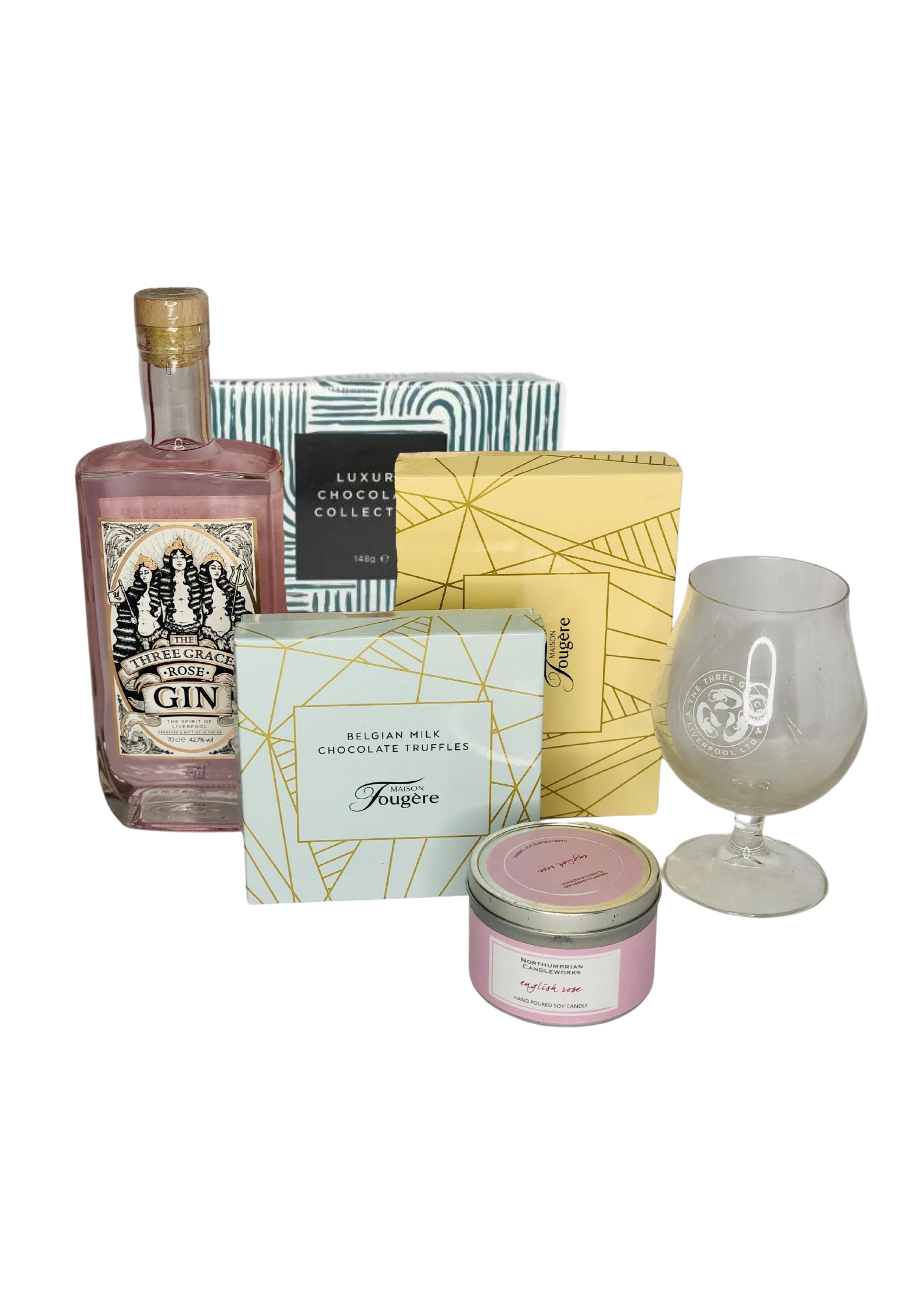 <p>Order this Rose Gin Gift Set to celebrate any occasion and you will not be disappointed.  Containing, a bottle of The Three Graces Rose Gin, together with a matching Three Graces Gin Glass, a trio of Maison Fougere Belgian Chocolates and an eco-friendly Soy Scented Candle beautifully presented in a stylish Gift Box.</p>
<br>
<h2>Gift Delivery Coverage</h2>
<p>Our shop delivers flowers and gifts to the following Liverpool postcodes L1 L2 L3 L4 L5 L6 L7 L8 L11 L12 L13 L14 L15 L16 L17 L18 L19 L24 L25 L26 L27 L36 L70 ONLY.  If your order is for an area outside unfortunately we cannot process your order because of the difference in stock at other florists.</p>
<br>
<h2>Alcohol Gifts</h2>
<p>As a licensed florist, we are able to supply alcoholic drinks either as a gift on their own or with flowers. We have carefully selected a range that we know you will love either as a gift in itself or to provide that extra bit of celebratory luxury to a floral gift.</p>
<p>This gift set contains alcohol from two locally-made companies - The Three Graces and Northumbrian Candleworks which are both made in Liverpool.</p>
<p>The bottle of Three Graces Rose Gin is made here in Liverpool and is paired with a matching Gin Glass.  Together with three boxes of Belgian Chocolates, including a box of 170g Maison Fougere Salted Caramels, a 140g Maison Fougere Belgian Truffles and a 115g Maison Fougere Belgian Chocolates. Finally, an eco-friendly Northumbrian Candleworks Scented Soy Candle in a stylish tin completes this Gin Gift Set.</p>
<p>Have this giftset delivered to someone special to celebrate as an alternative to having flowers delivered, or have it delivered with your flowers to really celebrate!</p>
<p>Rose Gin is brewed in Liverpool by The Three Graces and Northumbrian Candleworks are also made locally in Liverpool.</p>
<br>
<h2>Online Gift Ordering | Online Gift Delivery</h2>
<p>Through this website you can order 24 hours, Booker Gifts and Gifts Liverpool have put together this carefully selected range of Flowers, Gifts and Finishing Touches to make Gift ordering as easy as possible. This means even if you do not live in Liverpool we make it easy for you to see what you are getting when buying for delivery in Liverpool.</p>
<br>
<h2>Liverpool Flower and Gift Delivery</h2>
<p>We are open 7 days a week and offer advanced booking flower delivery, same-day flower delivery, Guaranteed AM Flower Delivery and also offer Sunday Flower Delivery.</p>
<p>Our florists Deliver in Liverpool and can provide flowers for you in Liverpool, Merseyside. And through our network of florists can organise flower deliveries for you nationwide.</p>
<br>
<h2>Beautiful Gifts Delivered | Best Florist in Liverpool</h2>
<p>Having been nominated the Best Florist in Liverpool by the independent Three Best Rated for the 5th year running you can feel secure with us</p>
<p>You can trust Booker Gifts and Gifts to deliver the very best for you.</p>
<br>
<h2>5 Star Google Review</h2>
<p><em>So Pleased with the product and service received. I am working away currently, so ordered online, and after my own misunderstanding with online payment, I contacted the florist directly to query. Gemma was very prompt and helpful, and my flowers were arranged easily. They arrived this morning and were as impactful as the pictures on the website, and the quality of the flowers and the arrangement were excellent. Great Work! David Welsh</em></p>
<br>